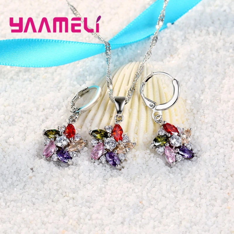 Colorful Sterling Silver Pendant Necklace & Earrings Set with Crystal Stones - Romantic Ethnic Style Windmill Design