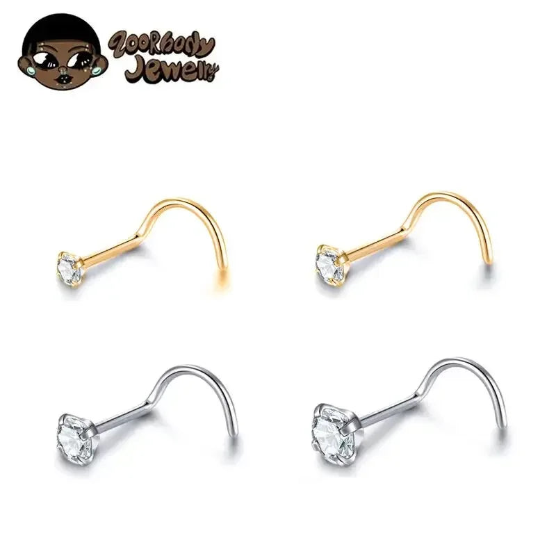 10pcs Titanium Nose Piercing Studs with CZ Crystals - Body Jewelry Set