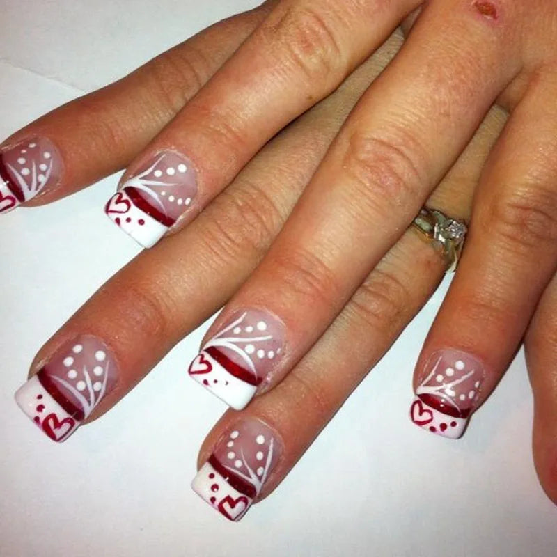 24Pcs Short Square Fake Nails for Menicure - Press On Nail Set with Pink Love Heart Print