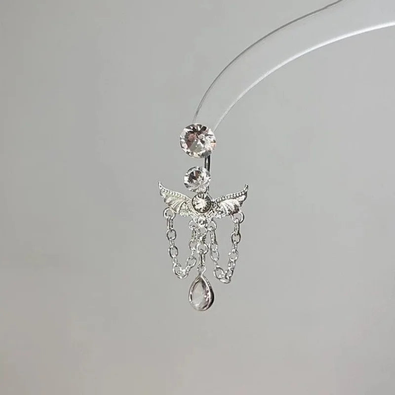 Angel Belly Button Ring with Butterfly Zircon Stainless Steel Navel Piercing for Women Body Jewelry