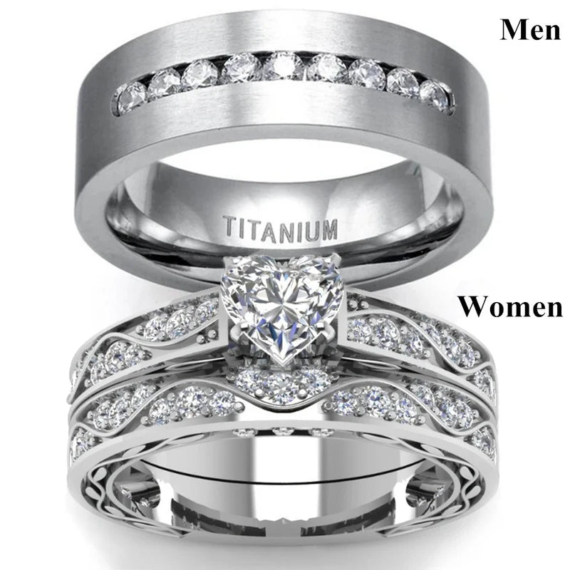 Fashion Couple Rings Set Men's CZ Stainless Steel & Women's Heart Cut Crystal Engagement Jewelry