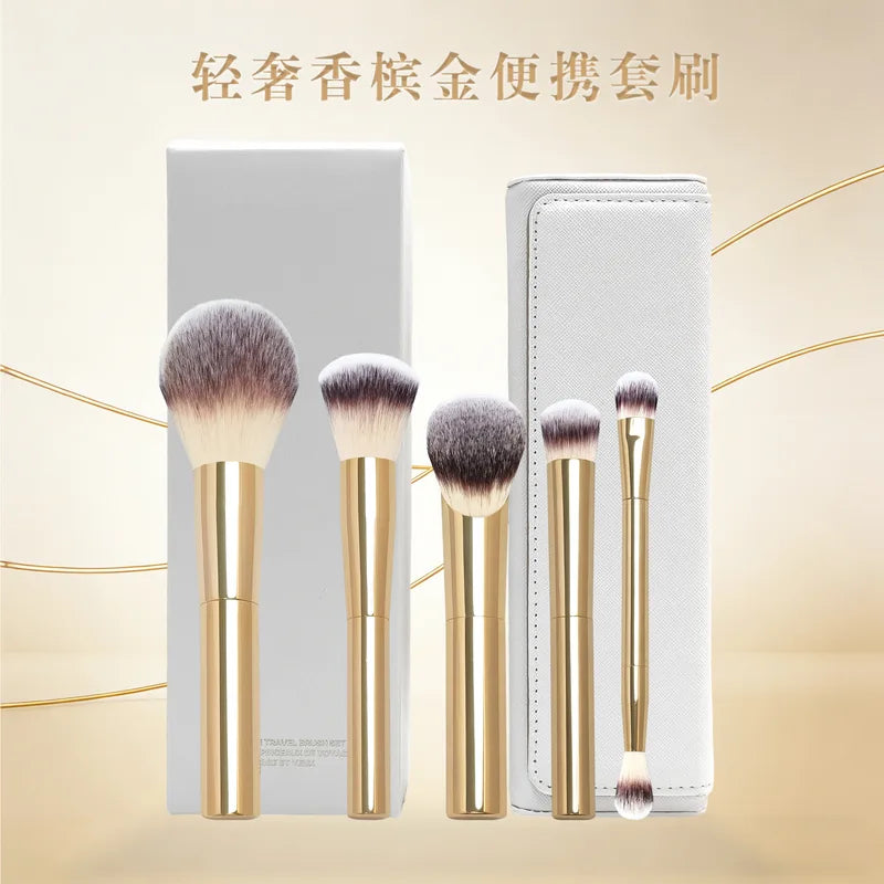 5pcs Makeup Brush Set with White Leather Bag - Powder, Blush, Concealer, Eyeshadow, Crease