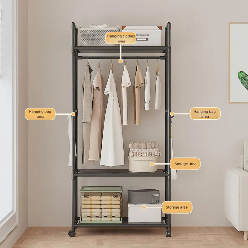 Standing Garment Rack for Hanging Clothes with Hat, Scarf & Tie Storage
