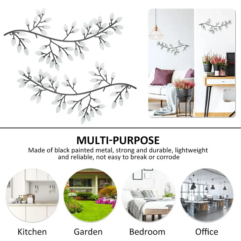 Metal Tree Leaf Wall Decor Set - Artistic Wrought Iron Vine Olive Branch Wall Art