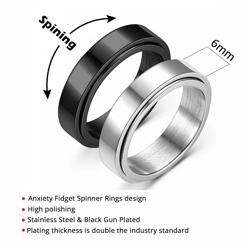 Stress Relief Fidget Spinner Ring - Stainless Steel Mood Jewelry for Men & Women
