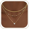 Women Layered 14K Gold Necklace Set with Cubic Zirconia Pendant - Dainty & Stackable