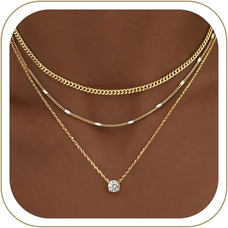 Women Layered 14K Gold Necklace Set with Cubic Zirconia Pendant - Dainty & Stackable