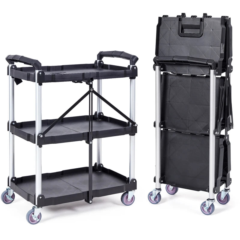 3-Tier Folding Utility Cart with Lockable Swivel Wheels - Portable Storage Shelf