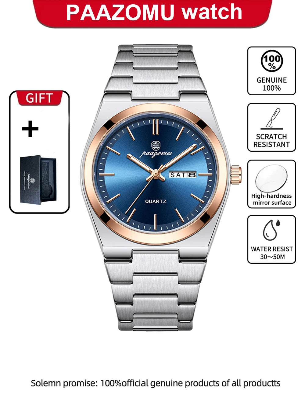 Men's Waterproof Quartz Watch with Luminous Dial and Chronograph | Multifunctional Stainless Steel Wristwatch