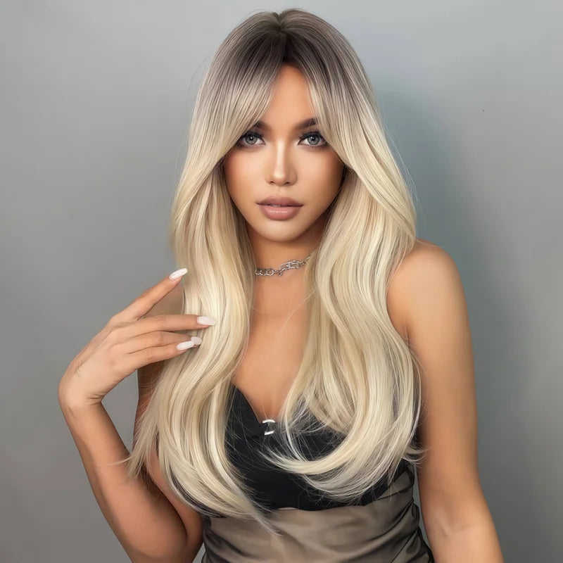 Women’s Gradient Golden Synthetic Wig Shoulder-Length Layered Straight Style