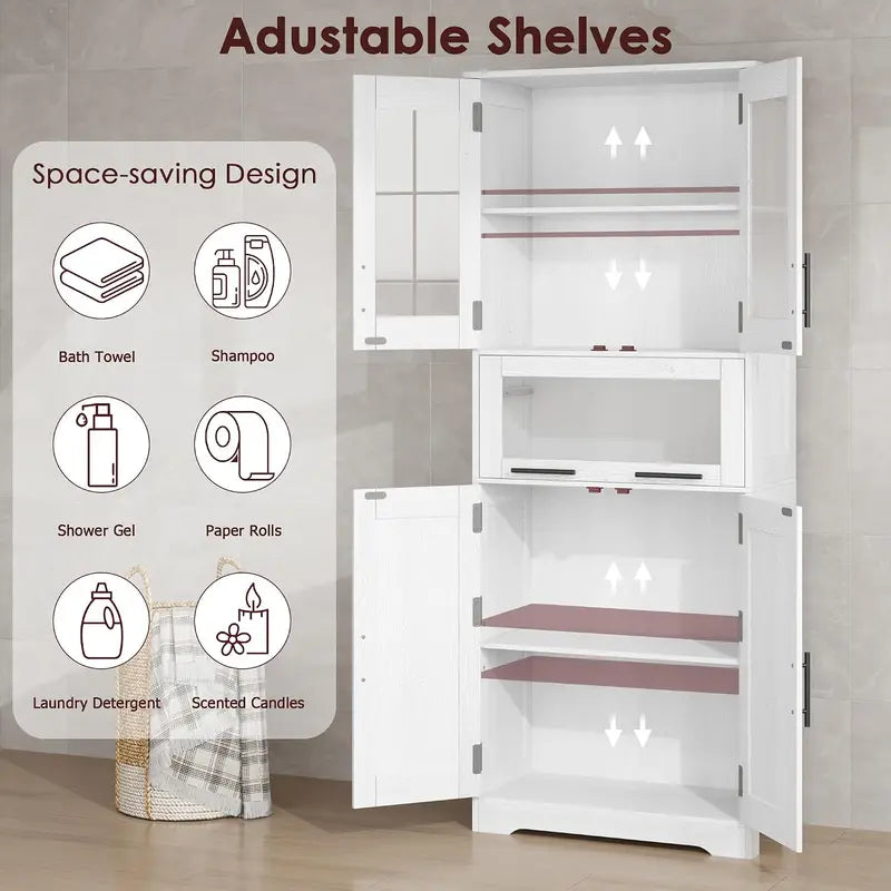 Tall Bathroom Storage Cabinet with Glass Doors and Adjustable Shelves - Freestanding Linen Closet, Kitchen Pantry or Living Room Cupboard