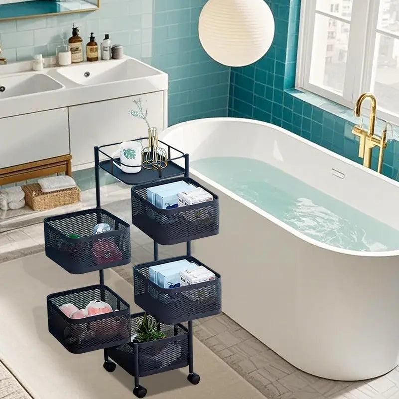 5-Tier Metal Rolling Storage Cart with Mesh Baskets - Mobile Kitchen & Household Organizer