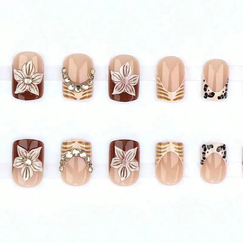 24Pcs Leopard Print French Fake Nails Set with Diamond Design - Short Square Press-On Nails