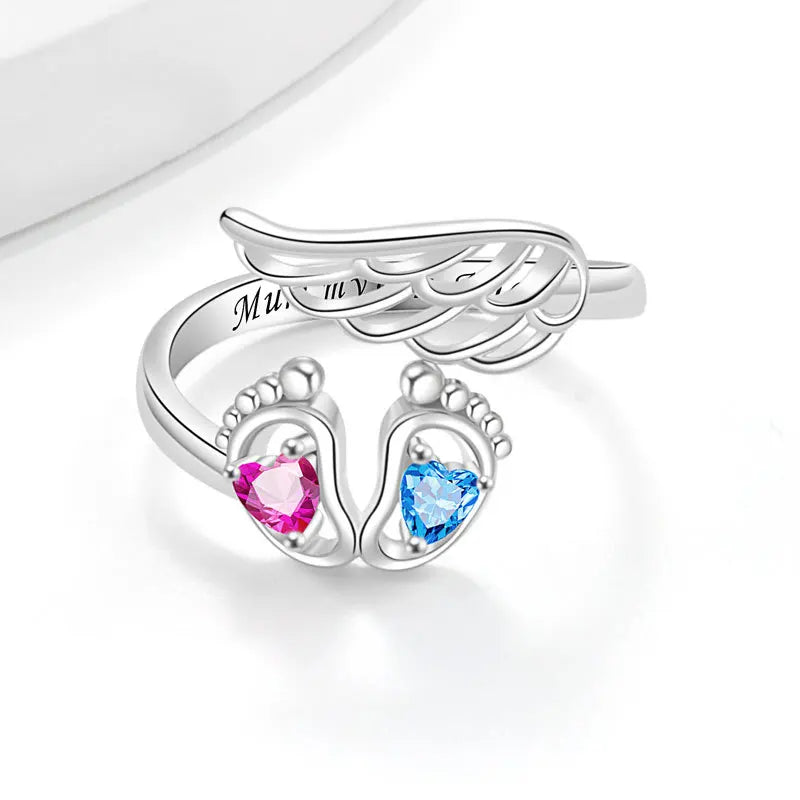Sterling Silver Angel Wing Footprints Finger Ring for Women and Girls