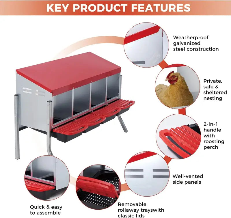 Multi-Compartment Metal Chicken Nesting Box with Automatic Egg Roll-Out, Waterproof Steel Coop