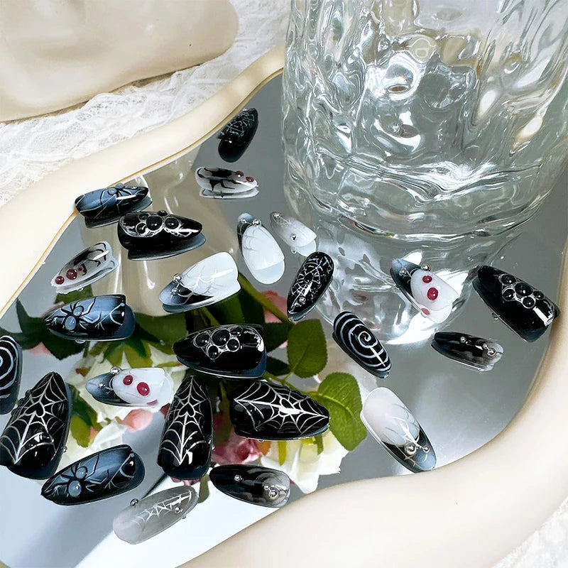 30PCS Halloween Spider Web False Nails French Tips Medium Almond for Women