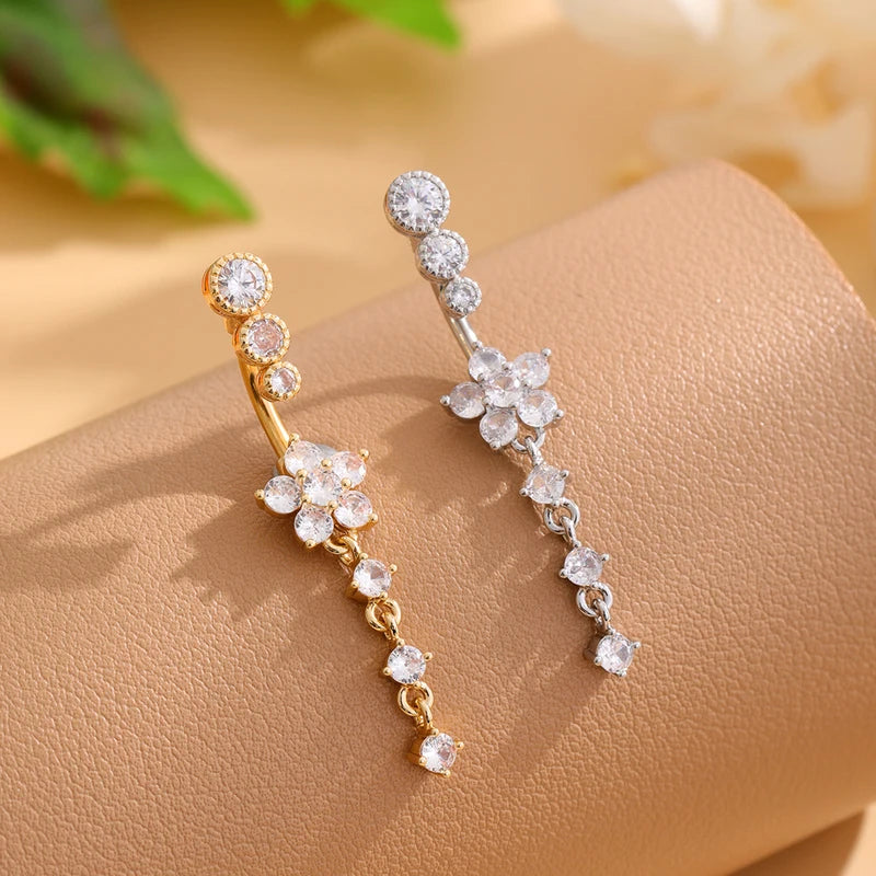 Long Dangled Flower CZ Belly Button Ring Stainless Steel Navel Piercing Jewelry