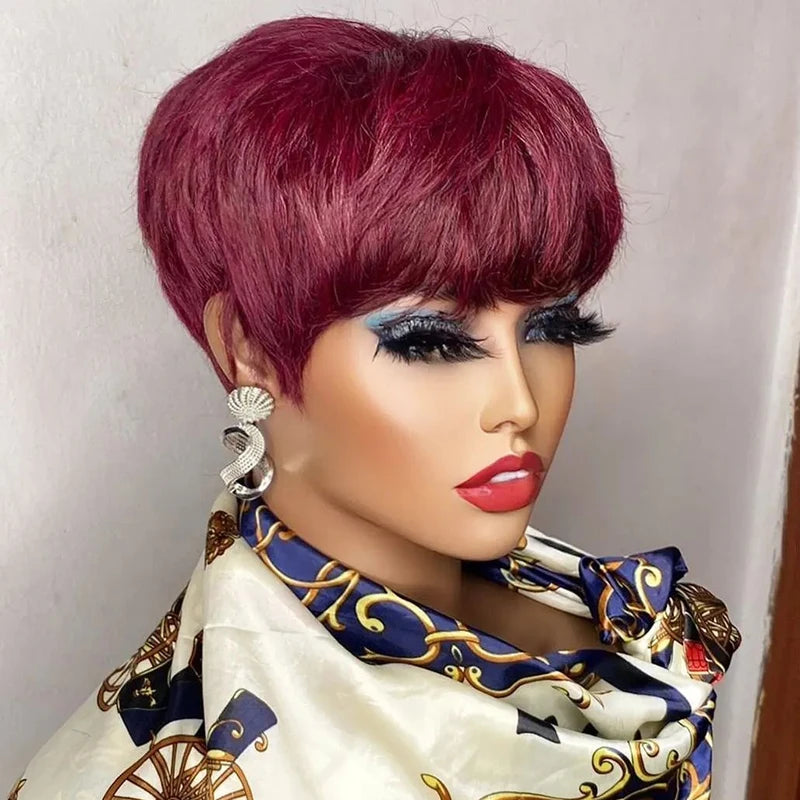 Brown Short Pixie Wig Human Hair for Black Women with Bangs - Brazilian Style