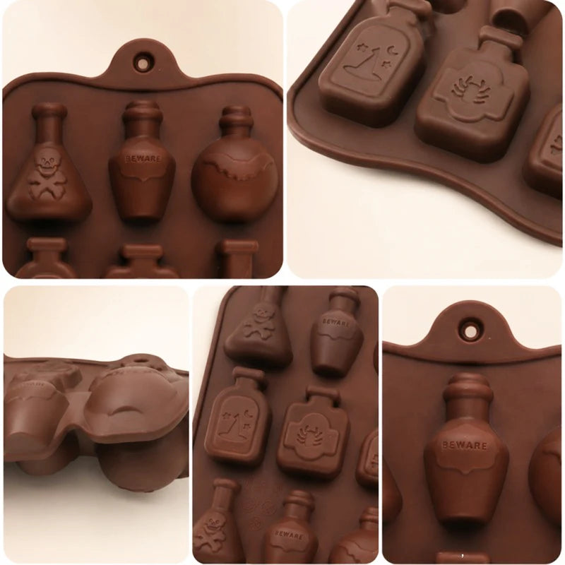 Halloween Witch Magic Potion Bottle Silicone Mold with Skull Bat Patterns for Resin and Chocolate Crafts
