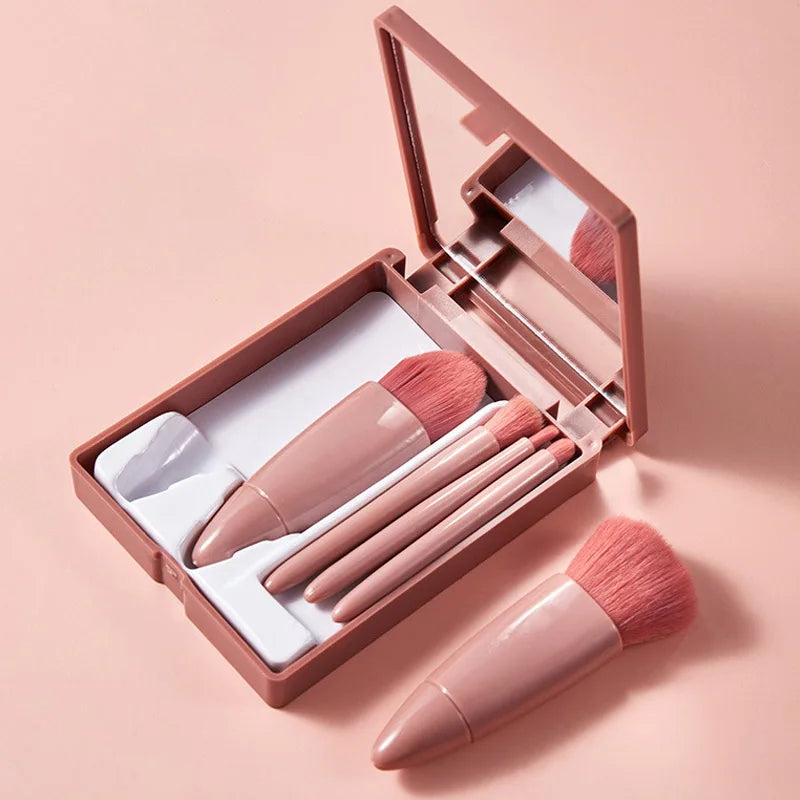 Foldable Makeup Brush Set with Mirror - Portable Travel Kit, 5-Piece Professional Cosmetic Brushes