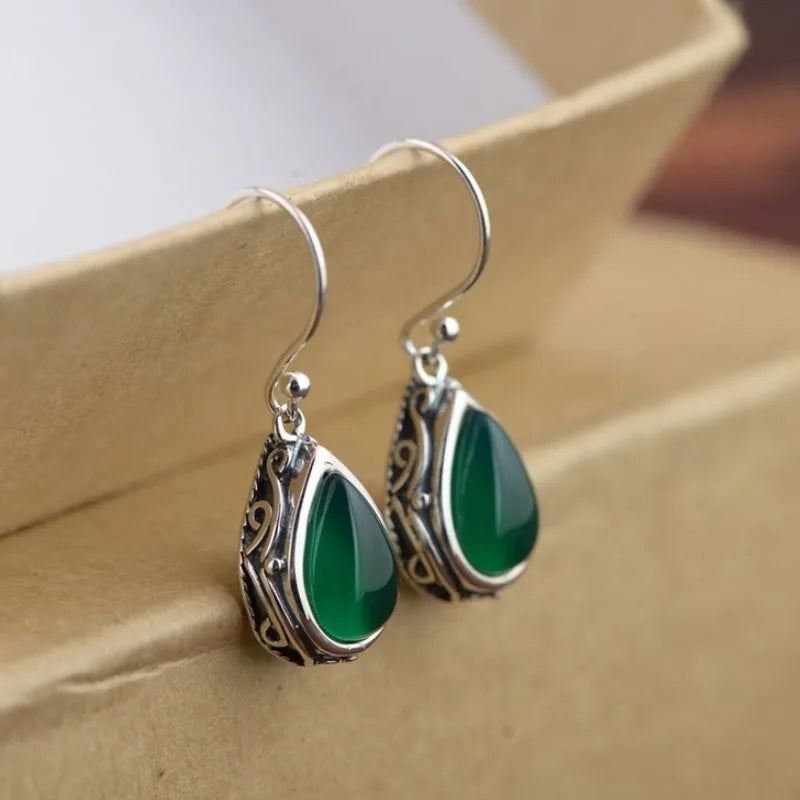 Ethnic Style Drop Earrings for Women with Carved Pattern - Pear Stone Dangle Jewelry