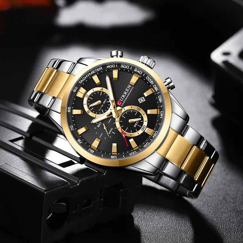 CURREN Quartz Chronograph Sport Watch for Men - Stainless Steel Band, Multifunction Dial