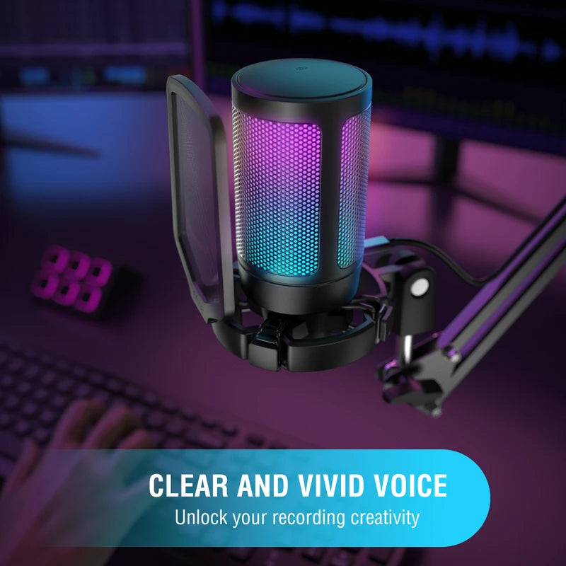 Gaming USB Microphone with Pop Filter Shock Mount & Gain Control for Streaming