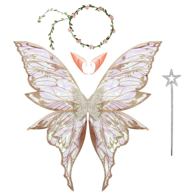 Fairy Elf Costume Wings Set with Elf Ears, Fairy Stick & Garland for Cosplay & Party