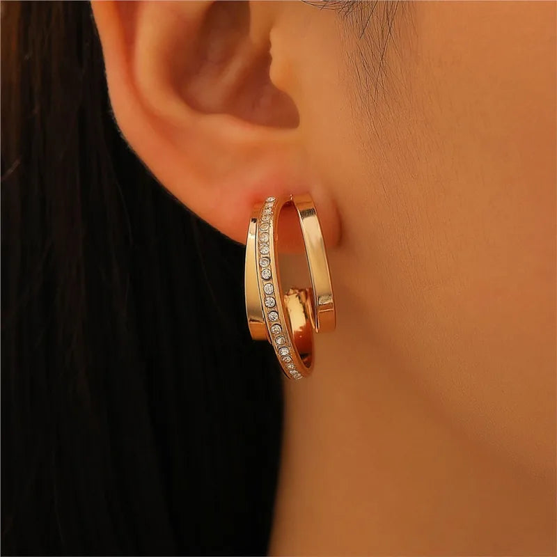 Simple Zircon C Shape Earrings for Women Three-Layer Circle Jewelry Gift