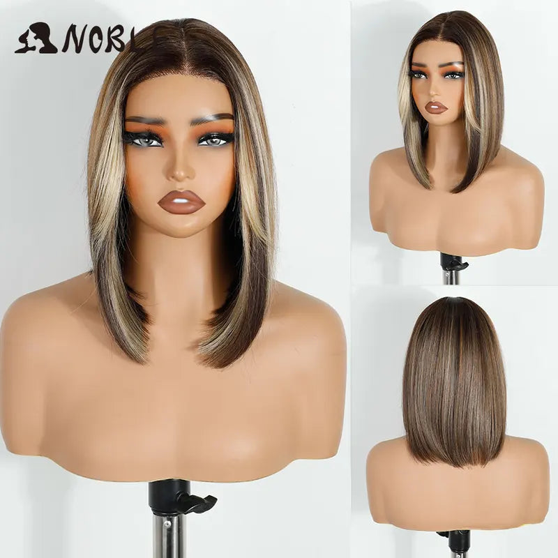 Synthetic Lace Front Wig for Women 12 Inch Ombre Brown Blonde Bob Cosplay Hair