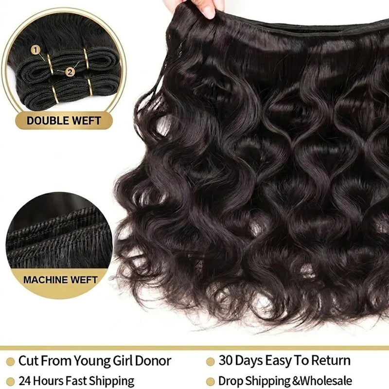 Brazilian Human Hair Bundles - Natural Black, Body Wave, Raw Remy Extensions