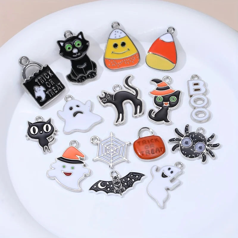 Halloween Enamel Charm Set for Jewelry Making - Pumpkin Ghost Vampire Bats 10pcs