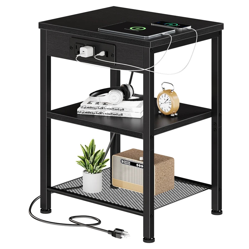 3-Tier Small Side Table with Charging Station - Adjustable Nightstand for Living Room & Bedroom