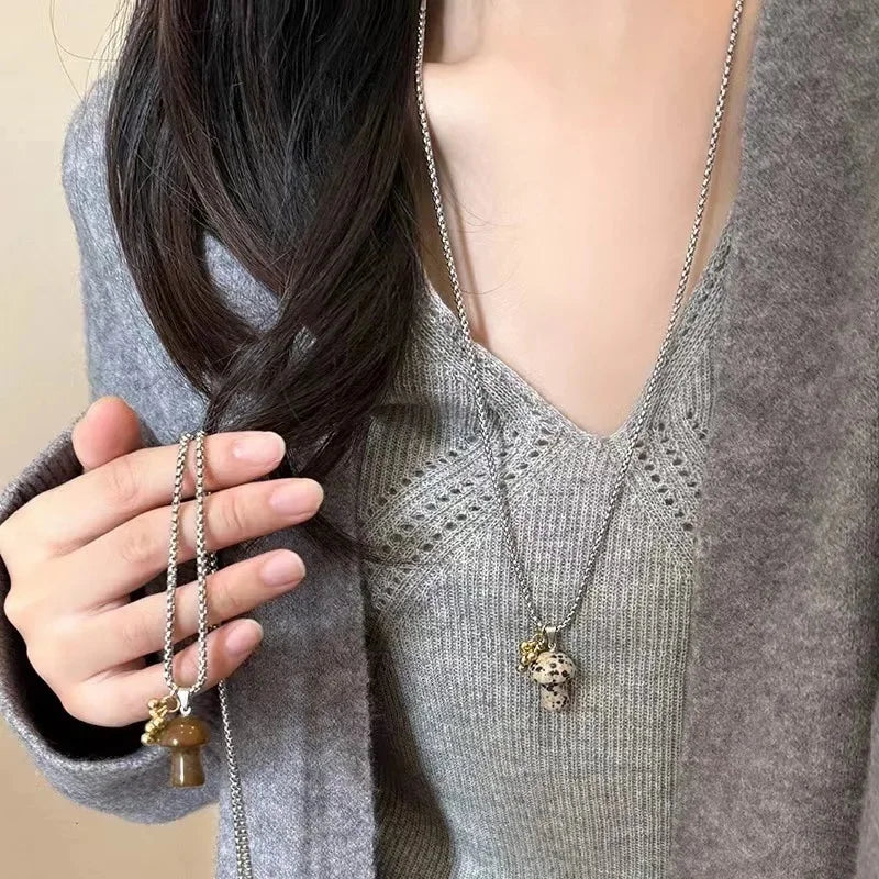 Spotted Tiger Eye Stone Mushroom Pendant Necklace with Versatile Chain for Women