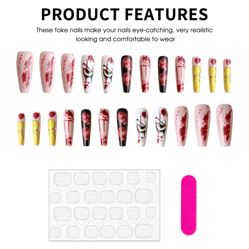 Frosted Long Fake Nails with Horror Blood Eye Design - Halloween Party Press On Nails Set