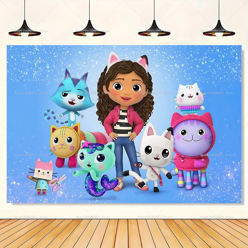 Cartoon Gabby Dollhouse Photo Backdrop for Birthday Party & Baby Shower Decor
