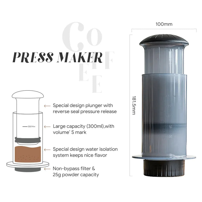 Portable 300ml AeroPress Coffee Maker with Filter Paper Kit and Grinder