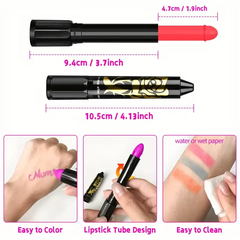 UV Neon Face Painting Crayons Set for Kids - Glow in the Dark Makeup, 12 Colors