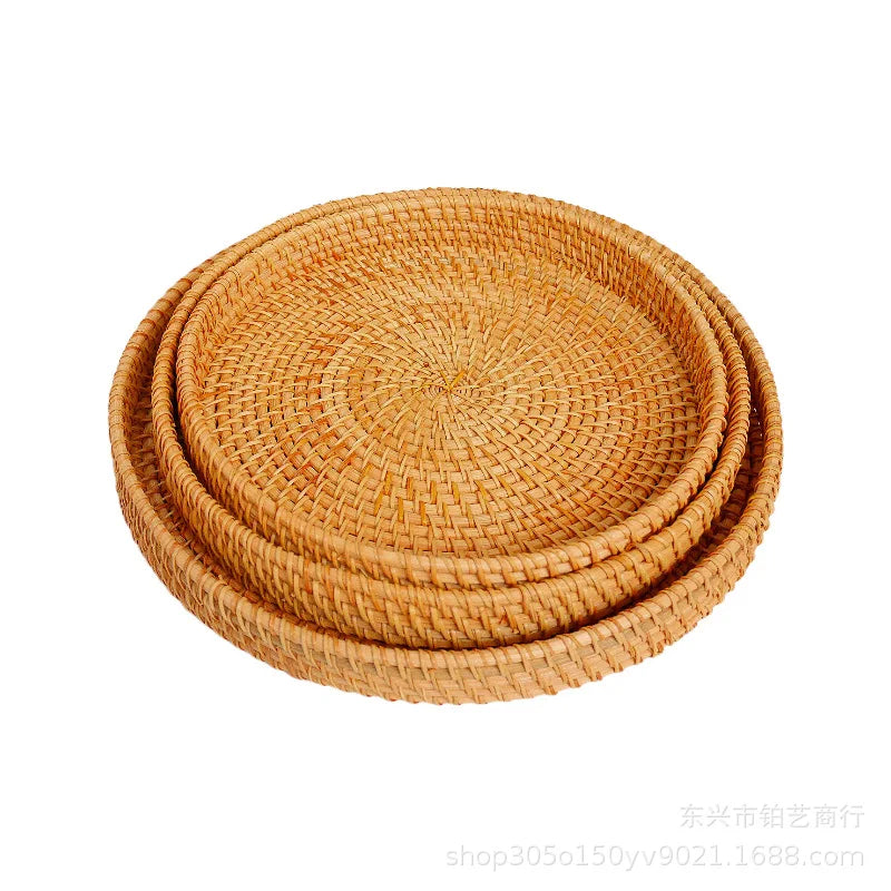 Hand-Woven Vietnam Rattan Round Tray Basket Japanese Style Bread Storage Organizer