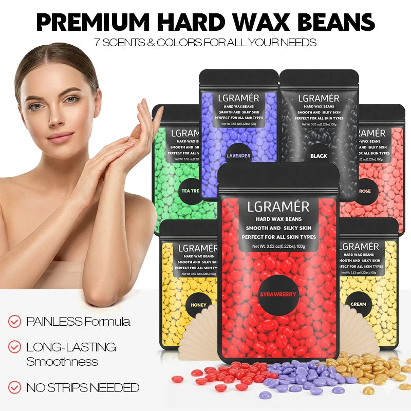 Hard Wax Beads for Coarse Hair Removal, Painless Waxing Beans & Spatulas
