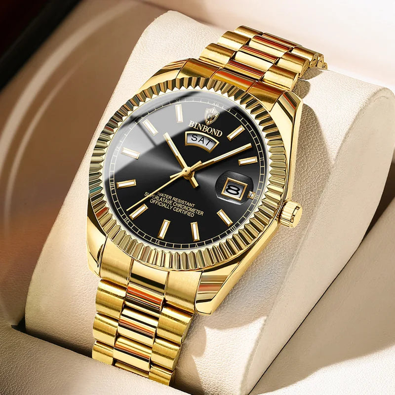Men's Waterproof Steel Strap Quartz Watch with Calendar Night Light - Business Casual
