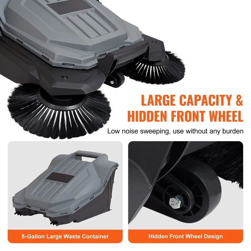 Walk-Behind Hand Push Floor Sweeper 25.6-inch Sweeping Width with Large Waste Container