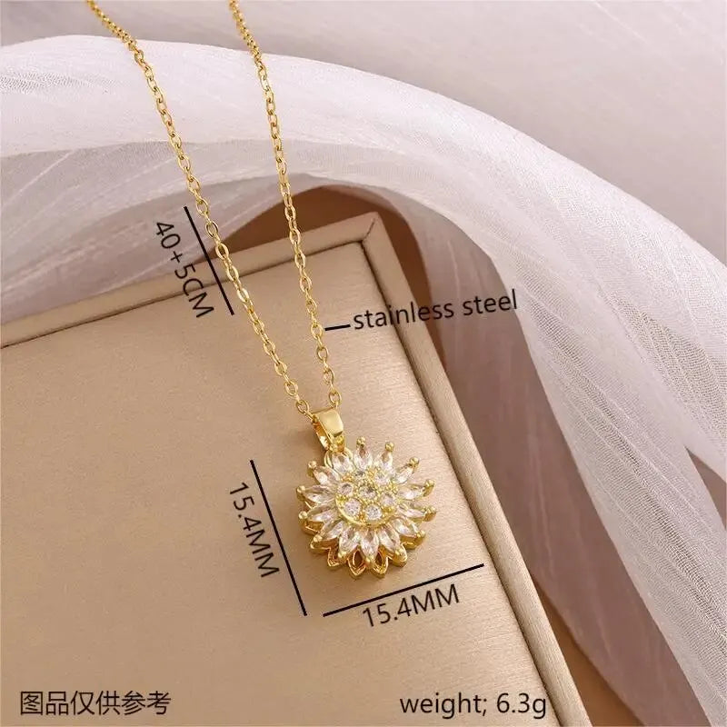 Trendy Spin Sunflower Necklace for Women Stainless Steel Zircon Jewelry