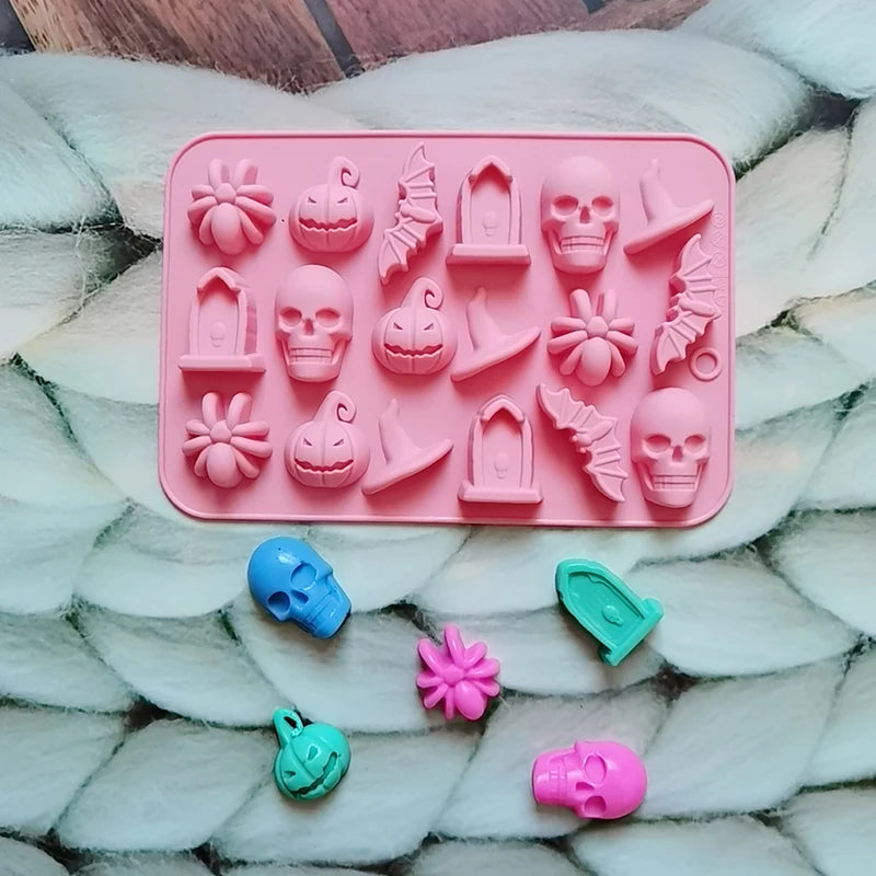 Halloween Silicone Mold with 18 Cavities for Ghost Pumpkin Bat Skull Witch Hat - Food Grade Baking Mold