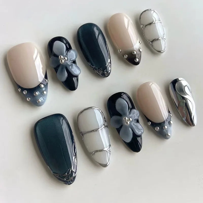 24Pcs Long False Nails with Almond Shape and Cat's Eye Silver Stripe Pattern — Press-On Nail Tips for Manicure