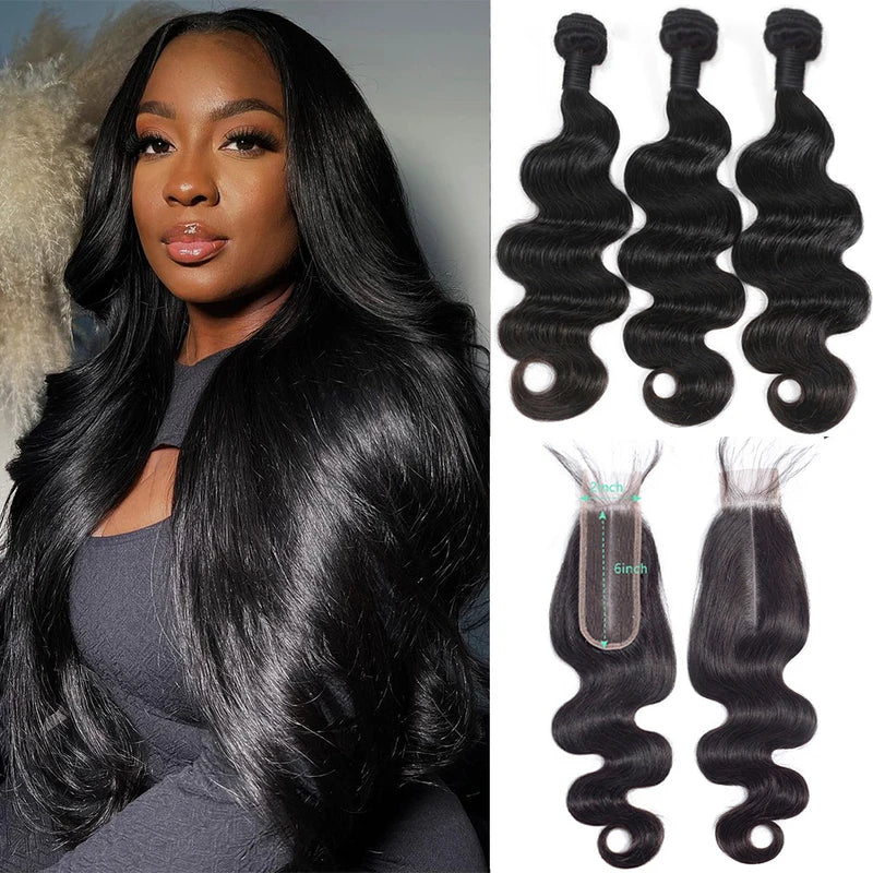 15A Body Wave Human Hair Bundles with Transparent Closure 32 Inch - Natural & Versatile