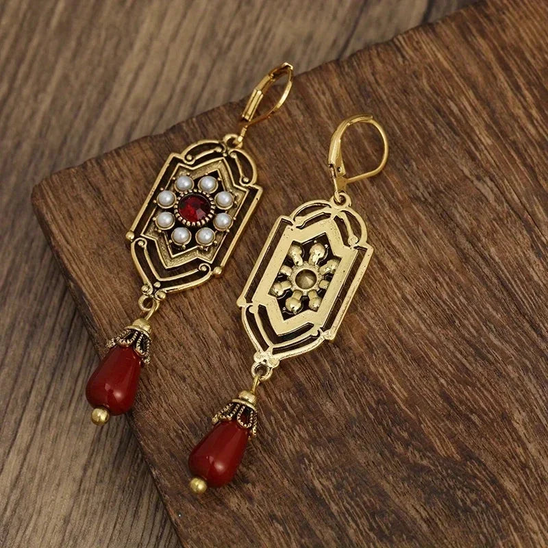 Vintage Women Earrings Gold Square Red Stones Imitation Pearl Party Jewelry
