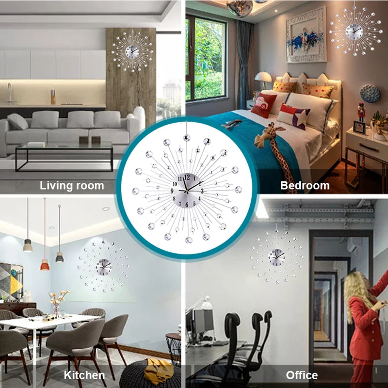 Luxury Metal Diamond Wall Clock 50x50cm Wrought Iron Quartz Decor for Living Room & Office