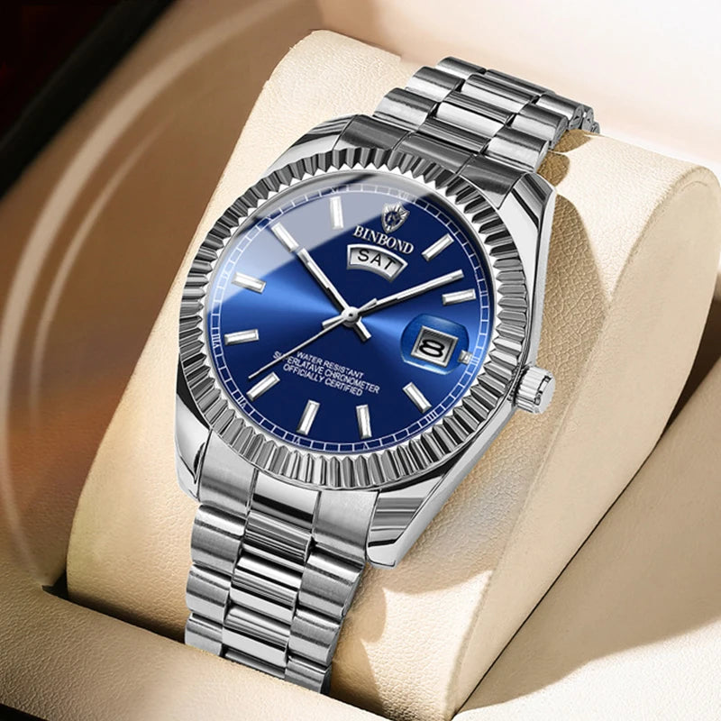 Men's Waterproof Steel Strap Quartz Watch with Calendar Night Light - Business Casual