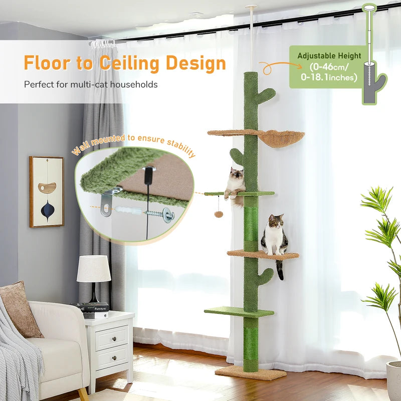 Tall Floor to Ceiling Cat Tree with Cactus Design, Scratching Posts & Hammock